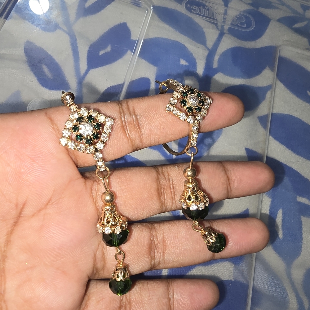 Elegant Gold and Green Dangle Earrings W Rhinestones
